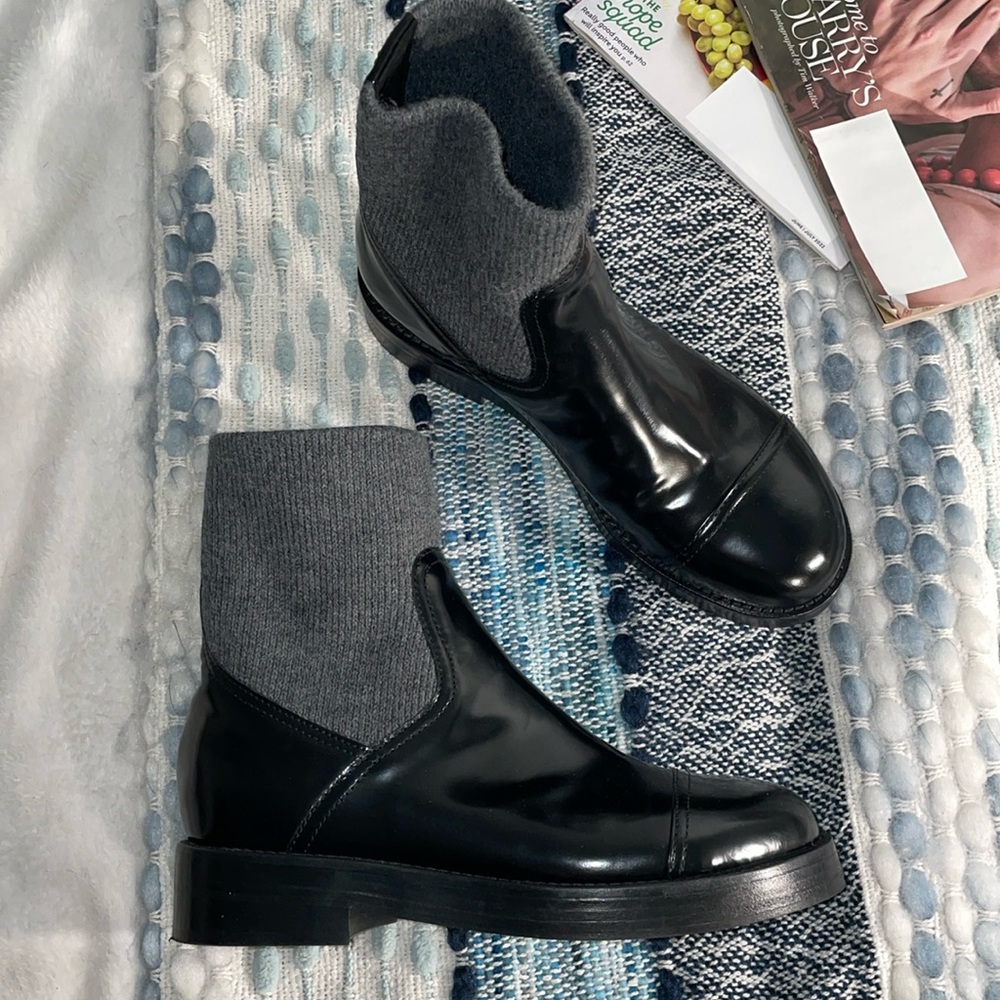 J. Crew Black Leather & Gray Knit Ankle Booties